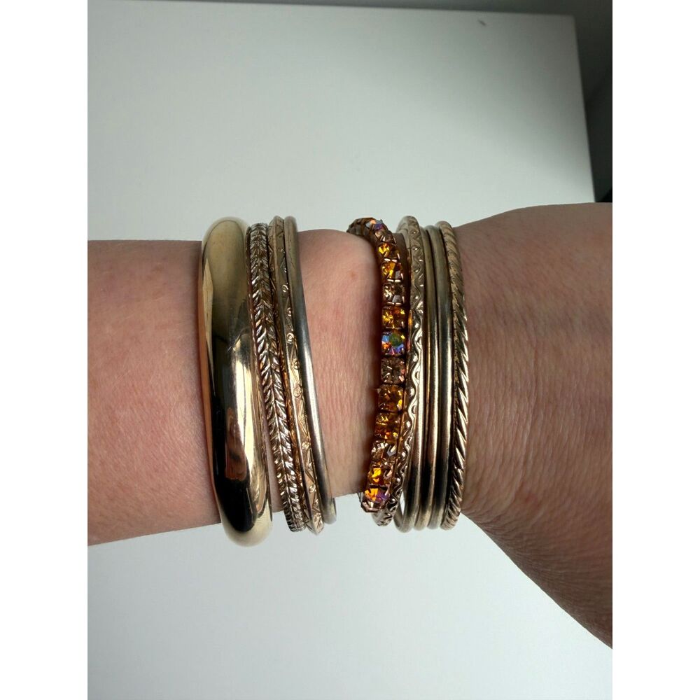 Gold Tone Bangle Bracelet Set Stack Rhinestone St… - image 4